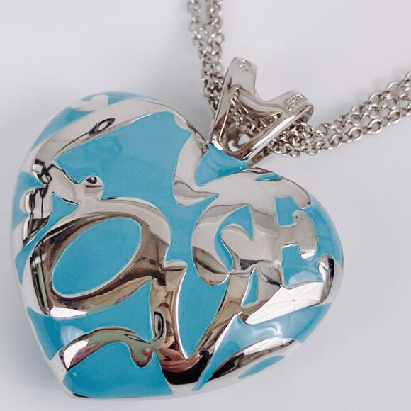 PJM Blue Enamel Heart Love Pendant Necklace CZ/Crystal Rhinestones Reversible - Picture 9 of 13